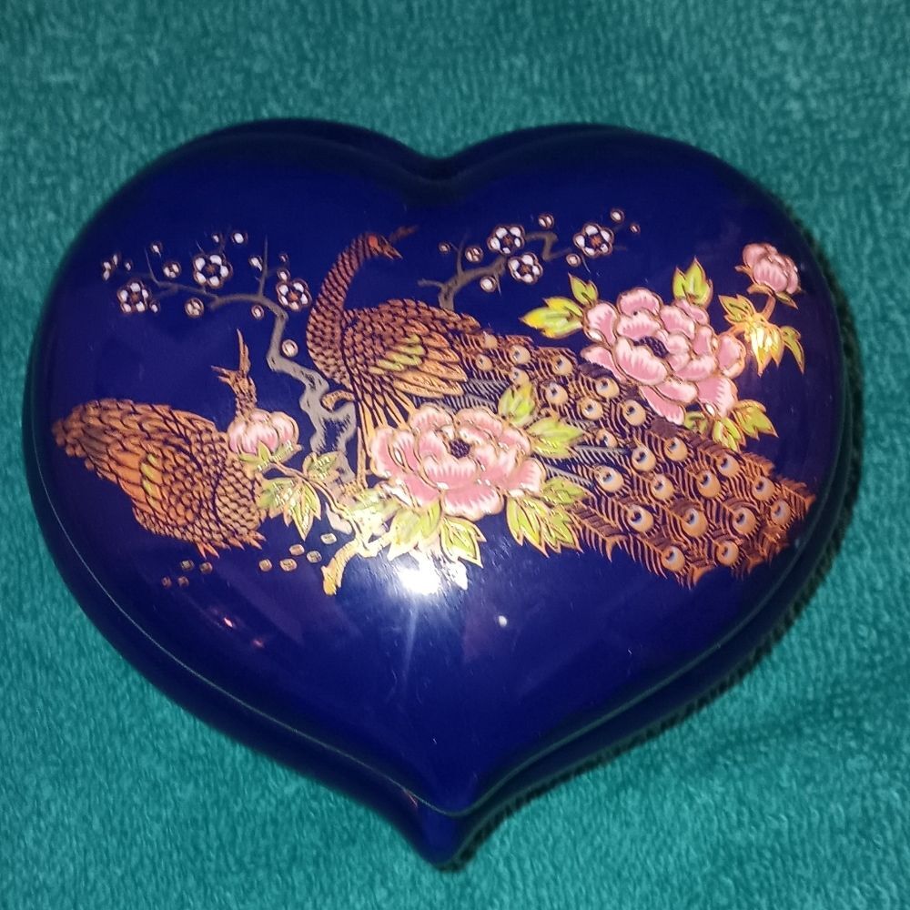 Heart Shape Blue Trinket Box Floral Peacock Design Japanese Vintage